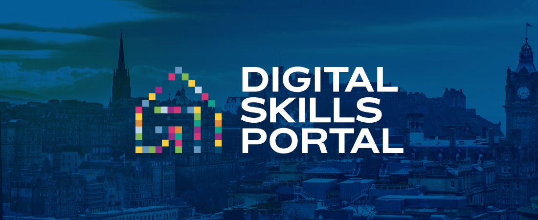 Skyline of a Scottish City with the Digital Skills Portal - RTPI logo